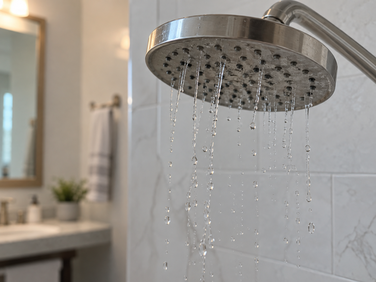 Chrome shower head with weak water flow and mineral buildup around the nozzles
