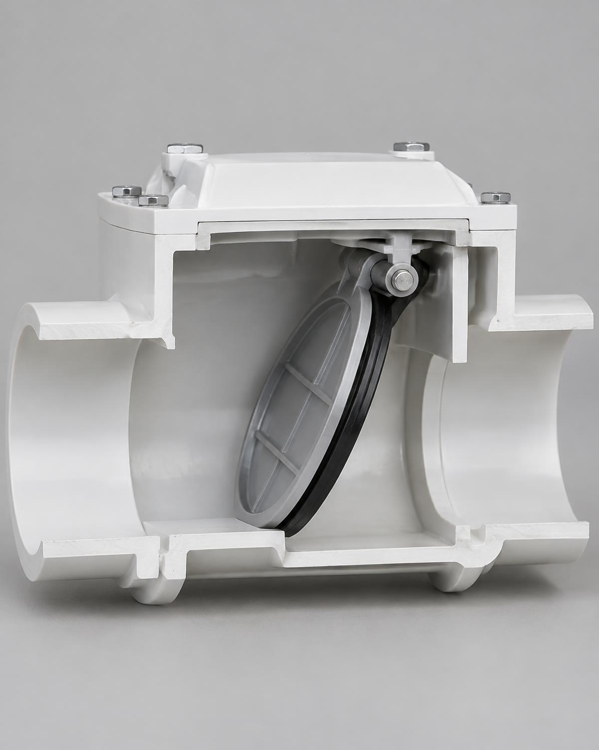 Cutaway of a backwater valve showing the flap inside a PVC sewer pipe