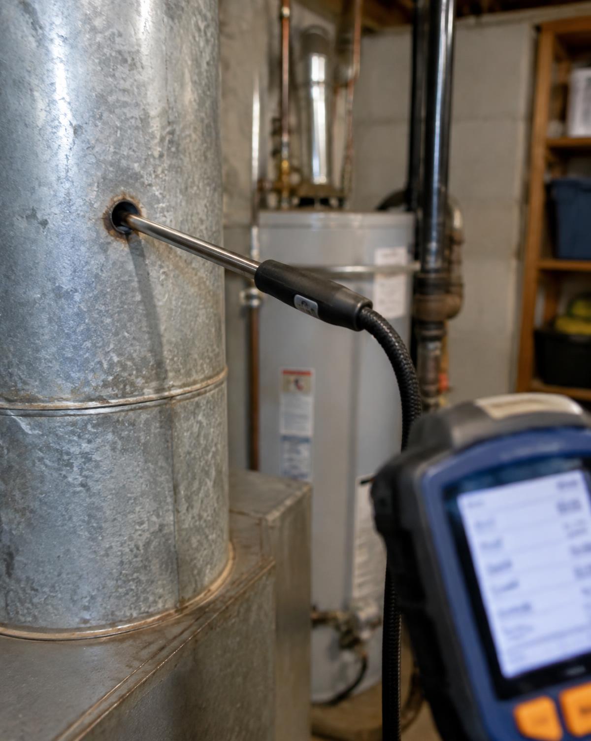 Combustion analyzer probe inserted into a boiler flue pipe