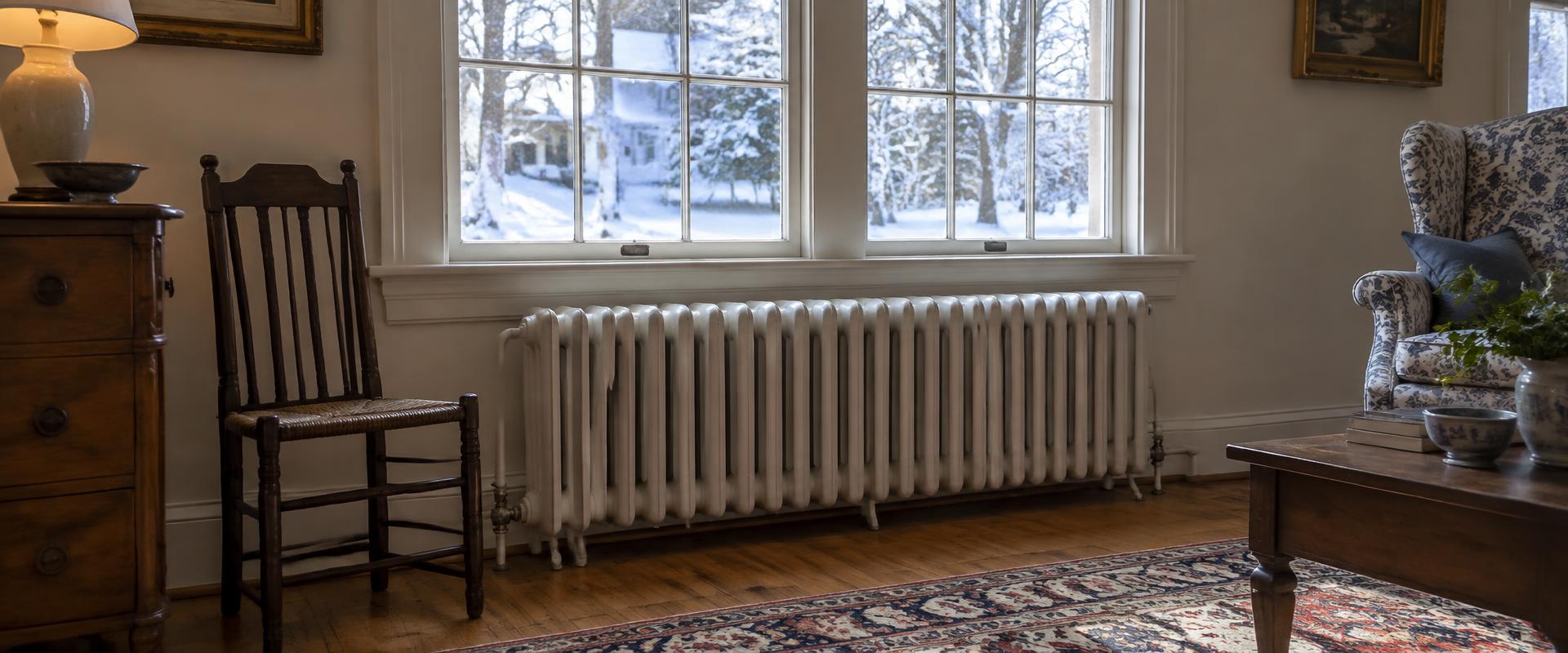 Cast iron radiator under a window in a New England home in winter