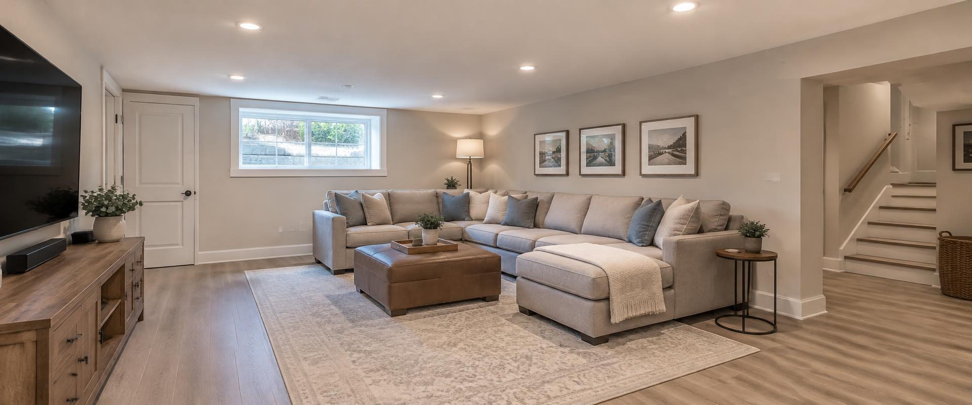 Dry, well-lit finished basement living room