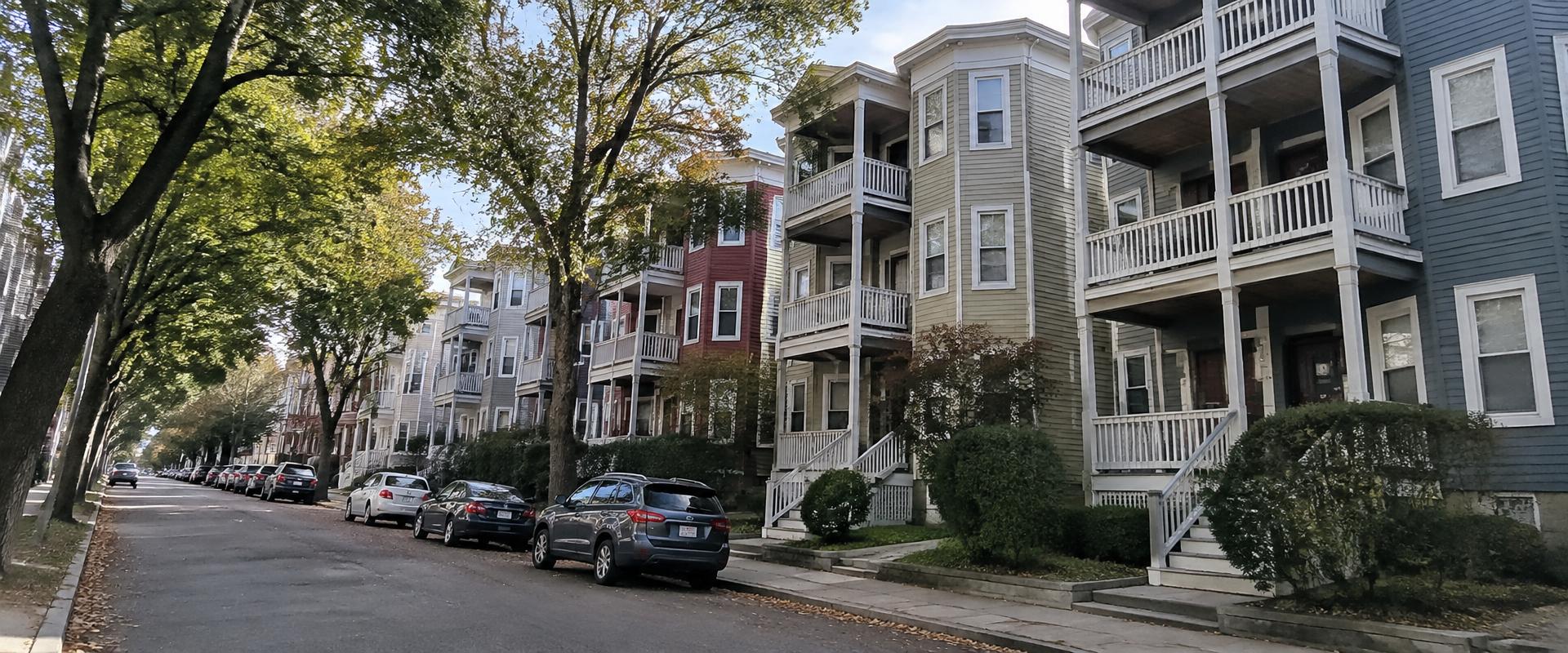 Street of New England triple-decker homes