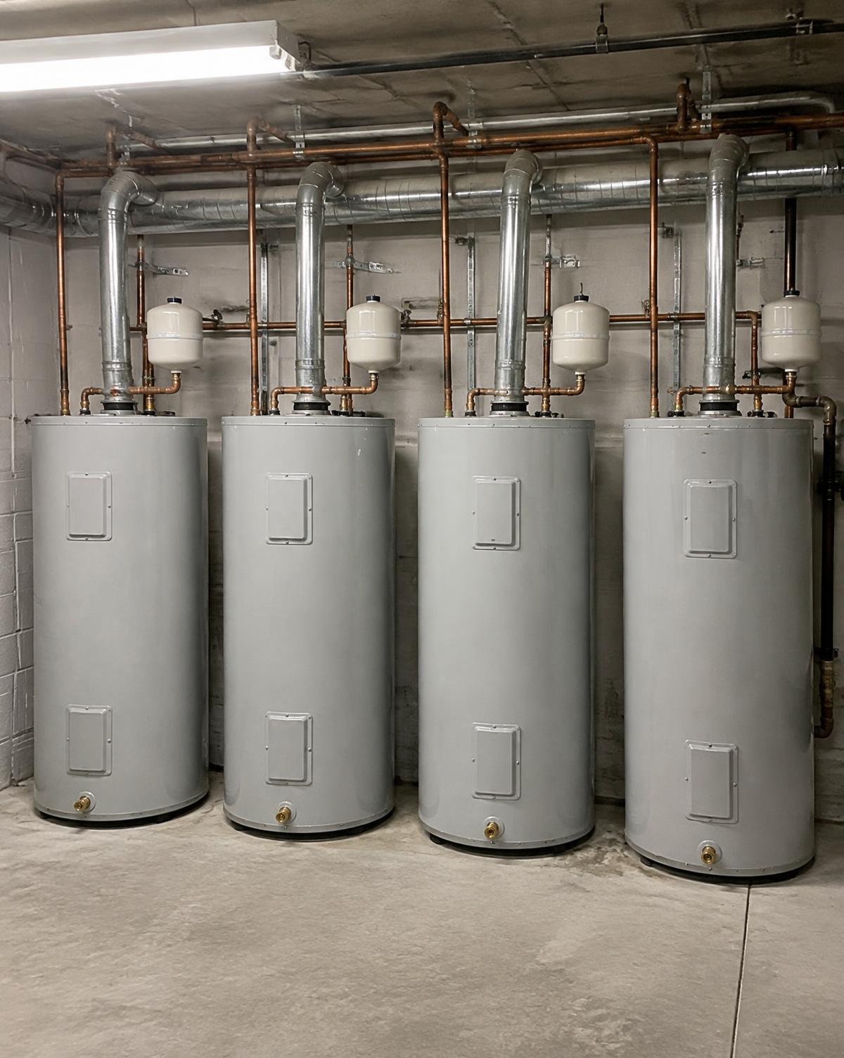 Row of water heaters in a multi-unit building utility room