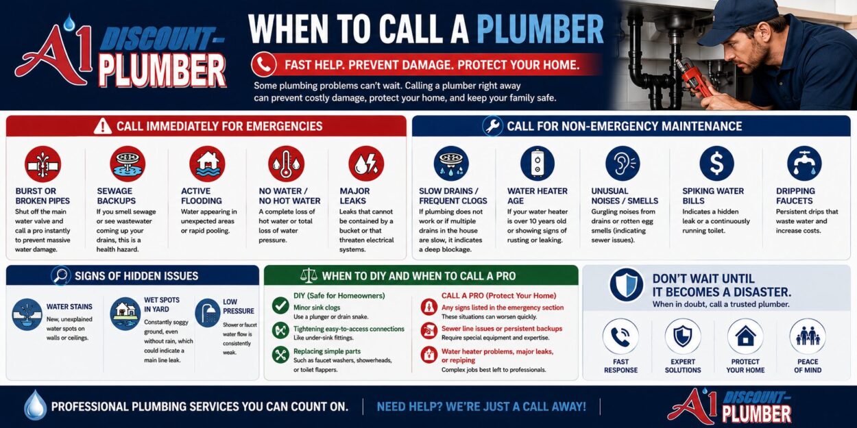 When to call a plumber infographic showing emergency situations, non-emergency maintenance, hidden issues, and DIY vs Pro guidelines by A1 Discount Plumber