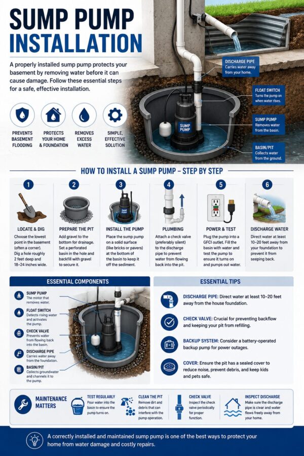 Sump pump installation infographic showing the 6-step install process, essential components like float switch and check valve, discharge pipe placement, and maintenance tips