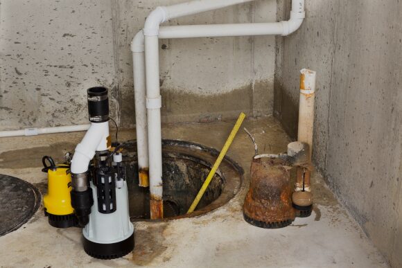 A1 Discount Plumber technician inspecting and maintaining a sump pump in an Eastern Massachusetts home